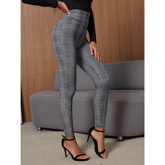 High Waist Houndstooth plaid print Skinny Pants gray black - Picture 4 of 9